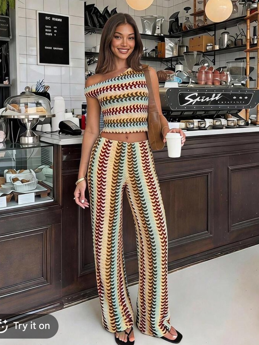 Commense One-Shoulder Chevron Knit Top and Wide-Leg Pants Set - Multicolor